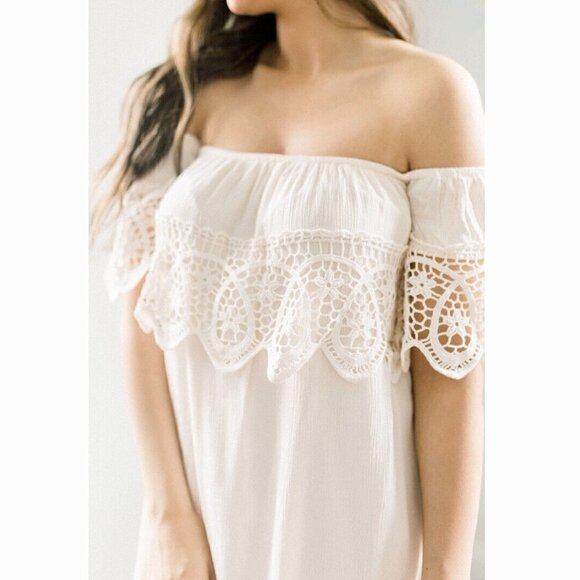 She + Sky Small Ivory Cream Boho Lace Off the Shoulder Dress Mini Pullover NEW - Picture 2 of 10